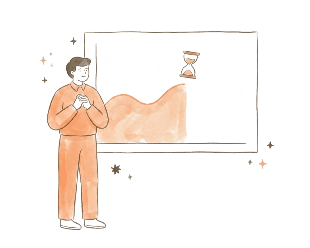 An analyst standing in front of a chart that ends partway across, with an hourglass marking the gap