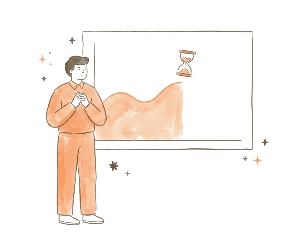 An analyst standing in front of a chart that ends partway across, with an hourglass marking the gap